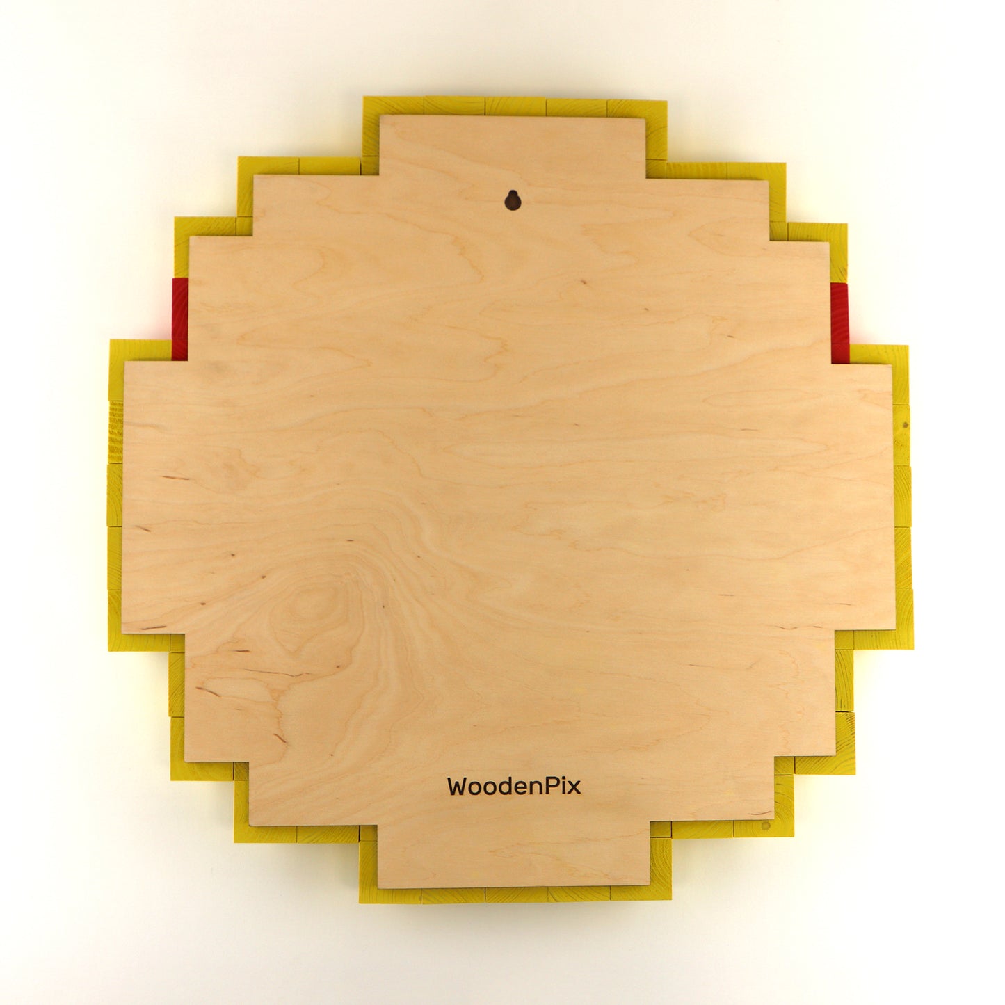 Backside mounting view of the WoodenPix kiss emoji wall art showing plywood base and hanging slot.