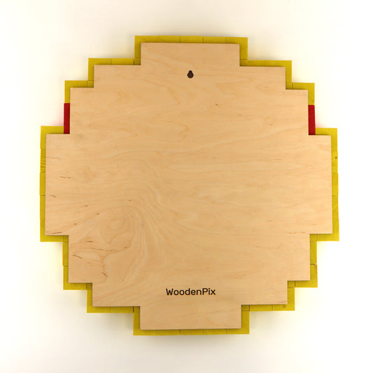 Backside mounting view of the WoodenPix kiss emoji wall art showing plywood base and hanging slot.