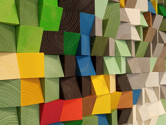 Colorful meadow-themed wooden acoustic panel featuring handcrafted geometric wood blocks.