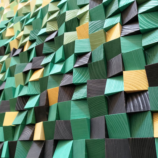 Green gradient wooden acoustic panel with handcrafted blocks and natural wood texture.