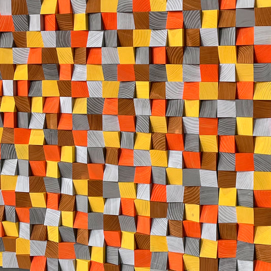 Handmade wooden acoustic wall panel inspired by golden sunsets and natural wood grain patterns.