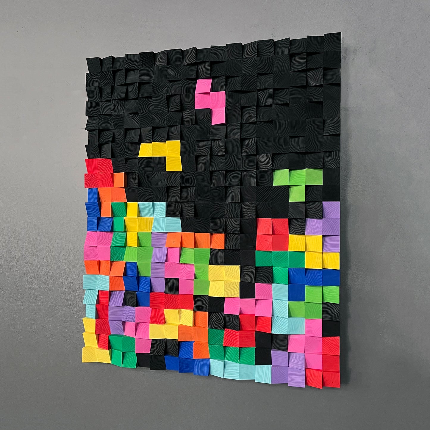 Vibrant handmade 3D wooden wall decor inspired by vintage video game pixels.