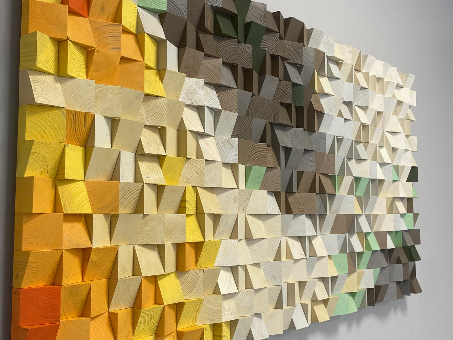 Contemporary mountain-themed wood panel with sunrise shading and acoustic depth.