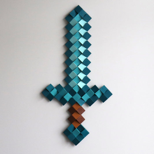 Modern Minecraft diamond sword wall decor crafted from painted wooden cubes