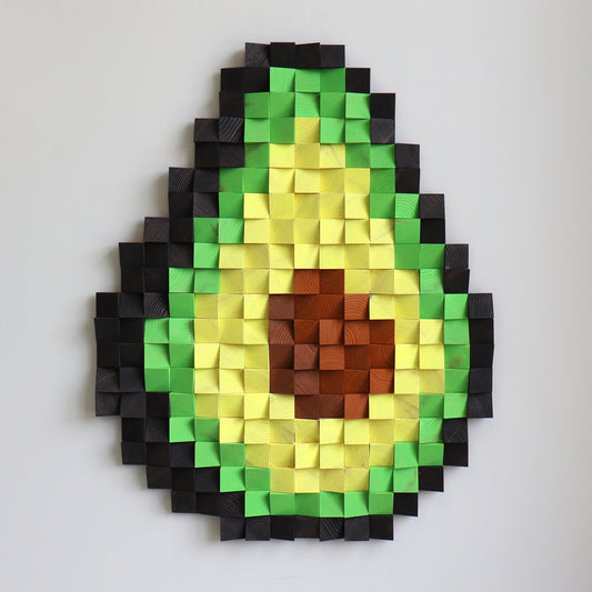handcrafted avocado art piece showing raised wooden blocks and rich texture.