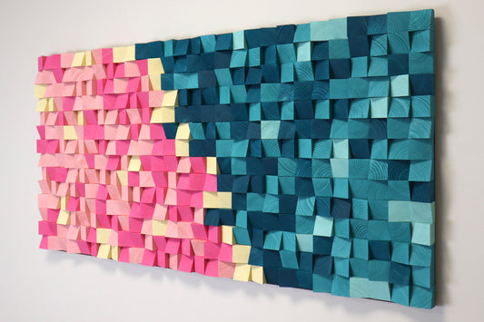 Pink and blue handcrafted wooden wall art that doubles as an acoustic sound diffuser for stylish home or studio interiors.