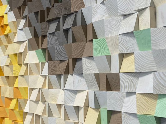 Handcrafted WoodenPix wall panel showing a sunrise over soft white and earthy mountain tones.