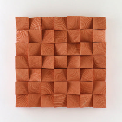 Handcrafted beige red wooden wall art panel with sculpted 3D square blocks and natural wood grain texture