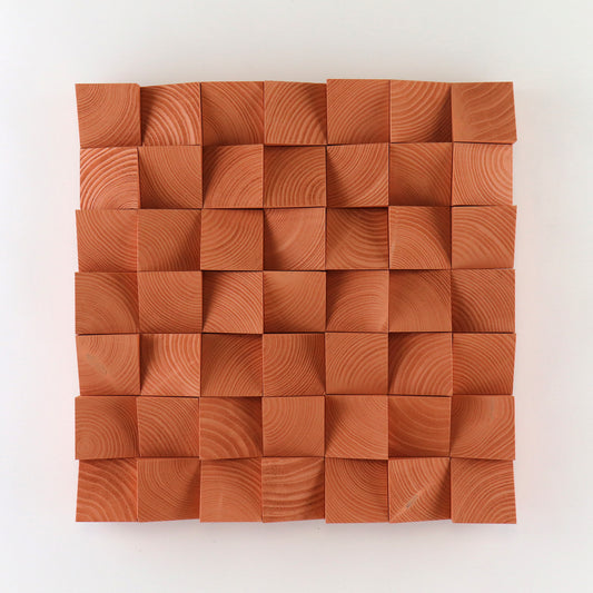 Handcrafted beige red wooden wall art panel with sculpted 3D square blocks and natural wood grain texture