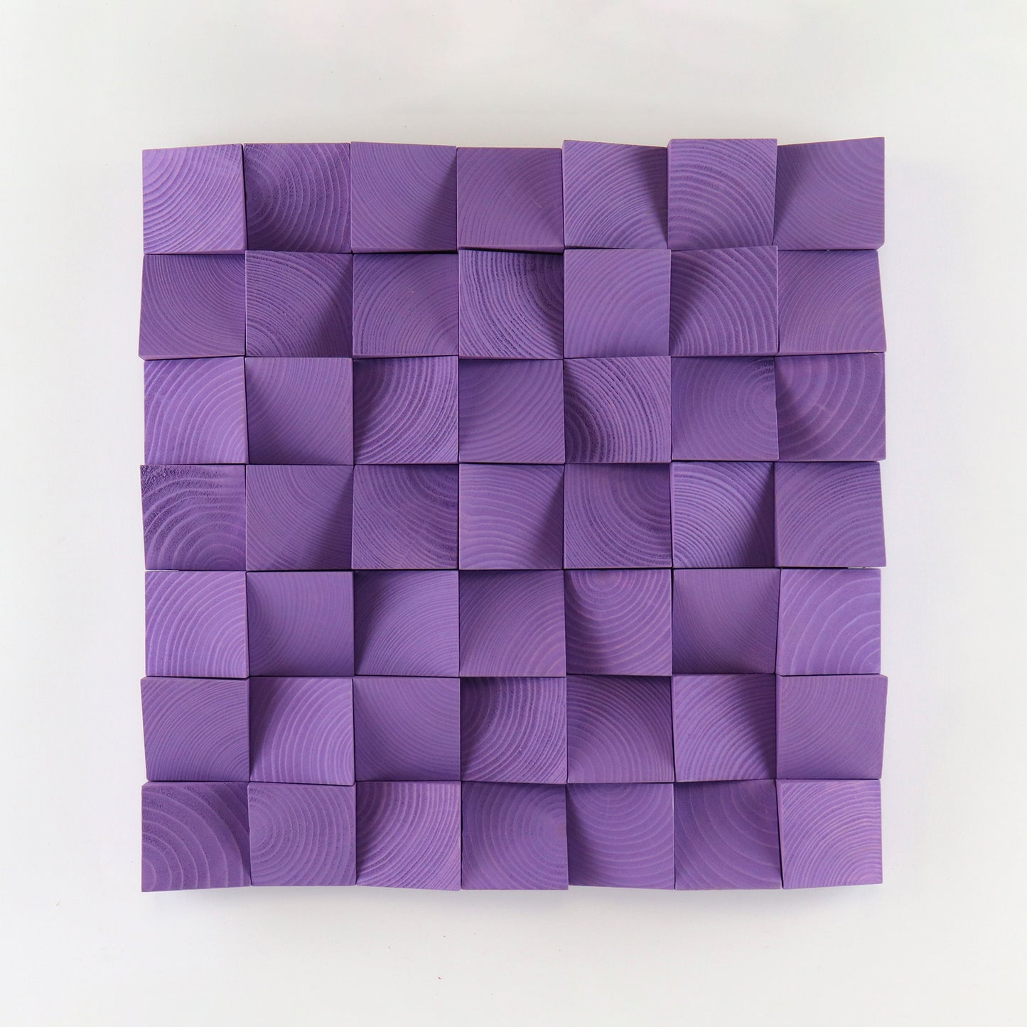 Handcrafted blue lilac wooden wall art panel with sculpted 3D square blocks and detailed natural wood grain texture