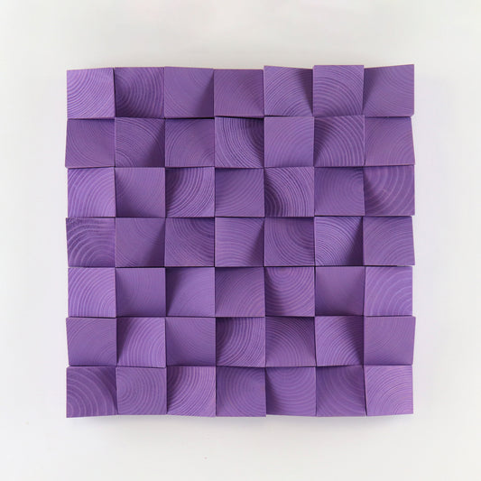 Handcrafted blue lilac wooden wall art panel with sculpted 3D square blocks and detailed natural wood grain texture