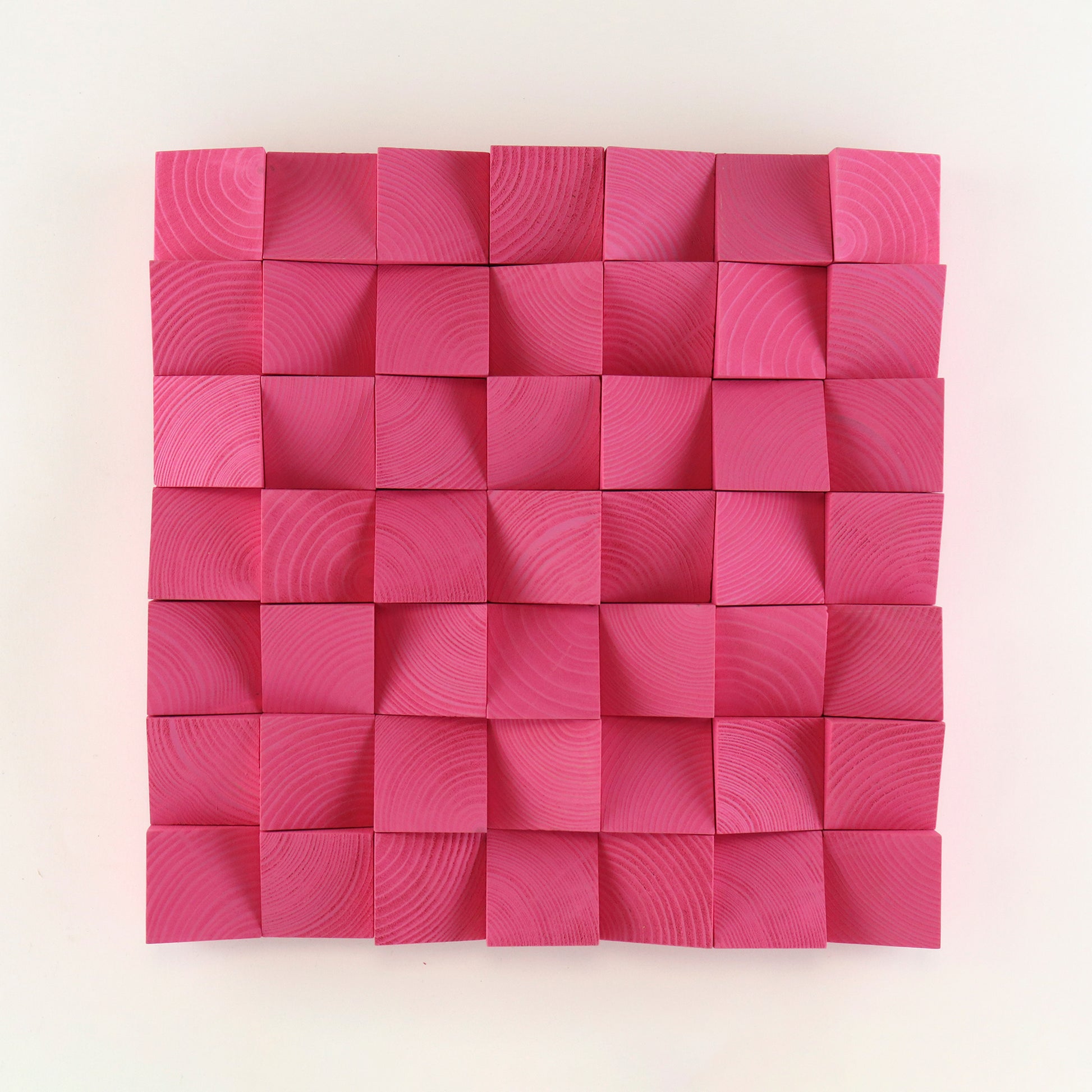 Handmade heather violet wooden wall art panel featuring carved 3D square blocks with visible natural wood grain