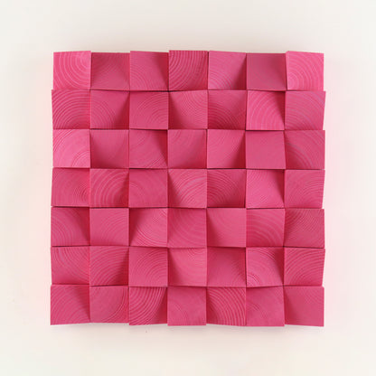 Handmade heather violet wooden wall art panel featuring carved 3D square blocks with visible natural wood grain