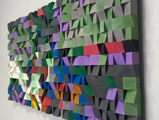 Creative 3D wooden acoustic wall art by WoodenPix in green, purple, and gray tones with artistic texture.
