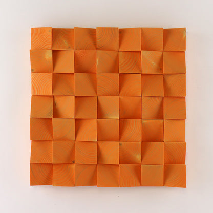 Handcrafted pastel orange 3D wooden wall art panel featuring raised geometric wood blocks with natural grain texture.