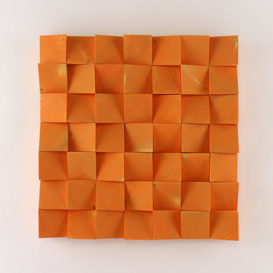 Handcrafted pastel orange 3D wooden wall art panel featuring raised geometric wood blocks with natural grain texture.
