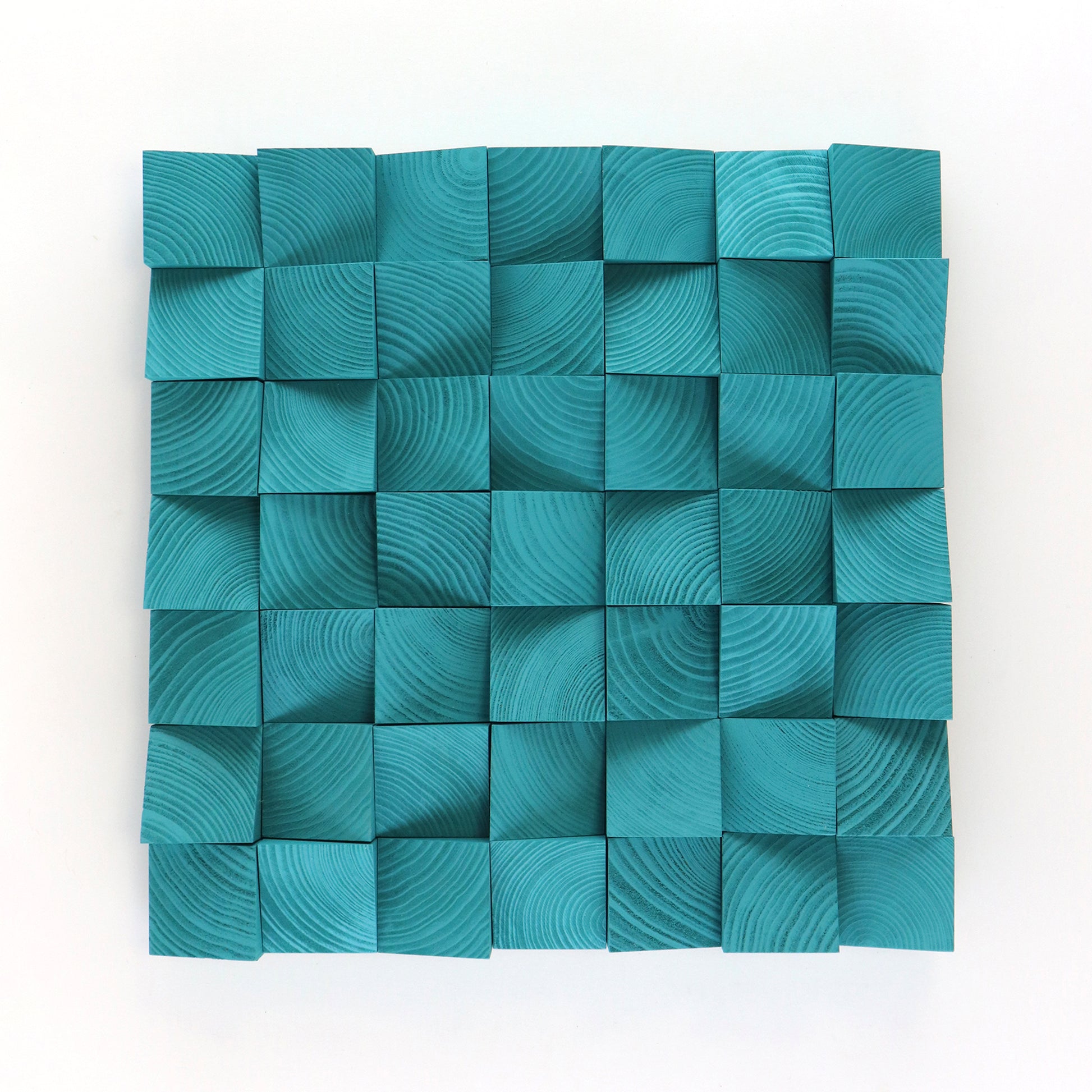 Handmade Turquoise Blue 3D wooden wall art panel with carved geometric blocks and visible natural wood grain