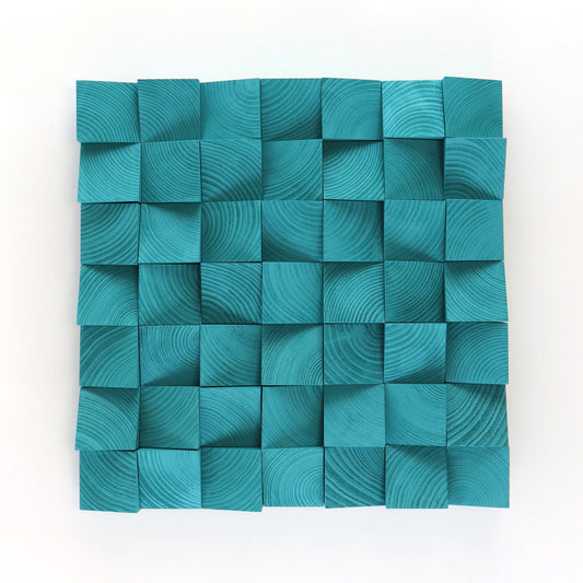 Handmade Turquoise Blue 3D wooden wall art panel with carved geometric blocks and visible natural wood grain