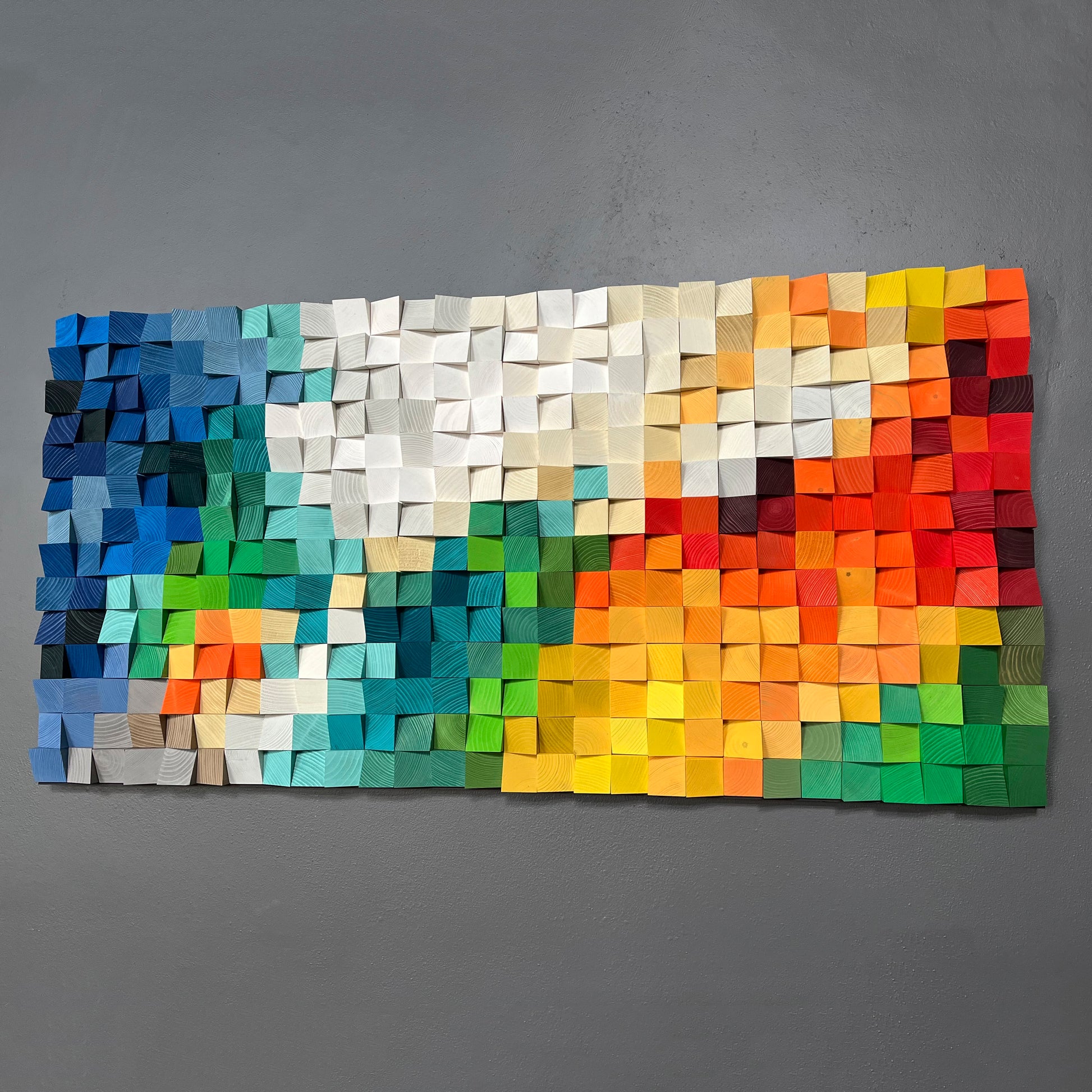 Contemporary acoustic wooden wall panel with handmade 3D texture and vibrant color.