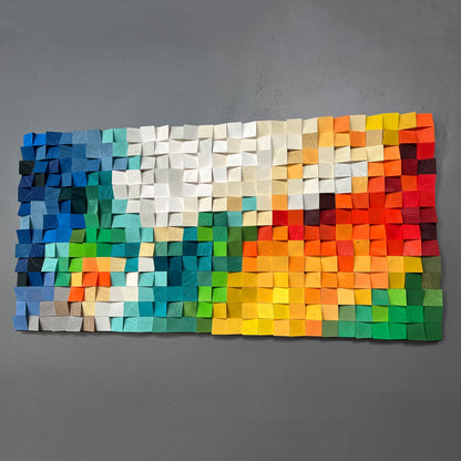 Contemporary acoustic wooden wall panel with handmade 3D texture and vibrant color.