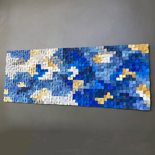 Azure Whirl 3D wooden wall art by WoodenPix featuring dynamic blue and gold tones.