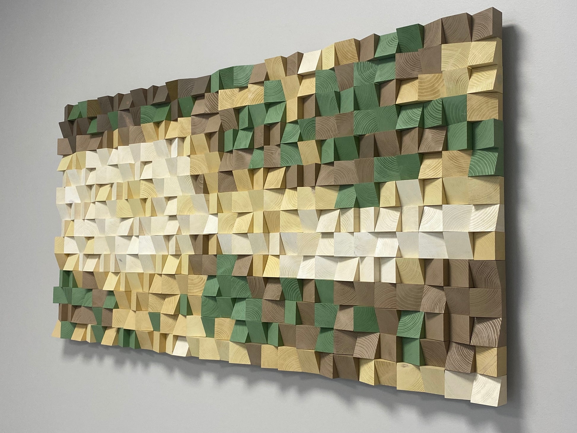 Beige Woods 3D wooden wall art panel featuring layered cream, beige, and soft green tones.