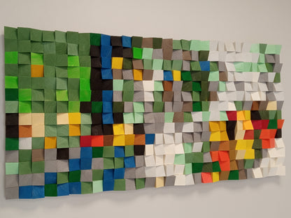 Blossoming Meadow 3D wooden wall art panel with vibrant greens, blues, and floral-inspired colors.