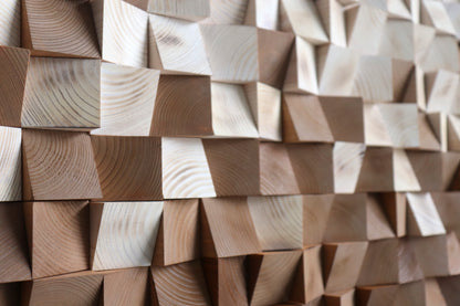 Brown gradient wooden acoustic panel with handcrafted blocks and warm natural wood texture.