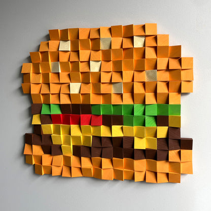 Handcrafted 3D cheeseburger wall decor featuring layered wooden cubes in warm colors