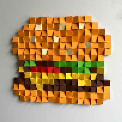 Handmade wooden cheeseburger wall art with layered blocks forming a bold 3D food design