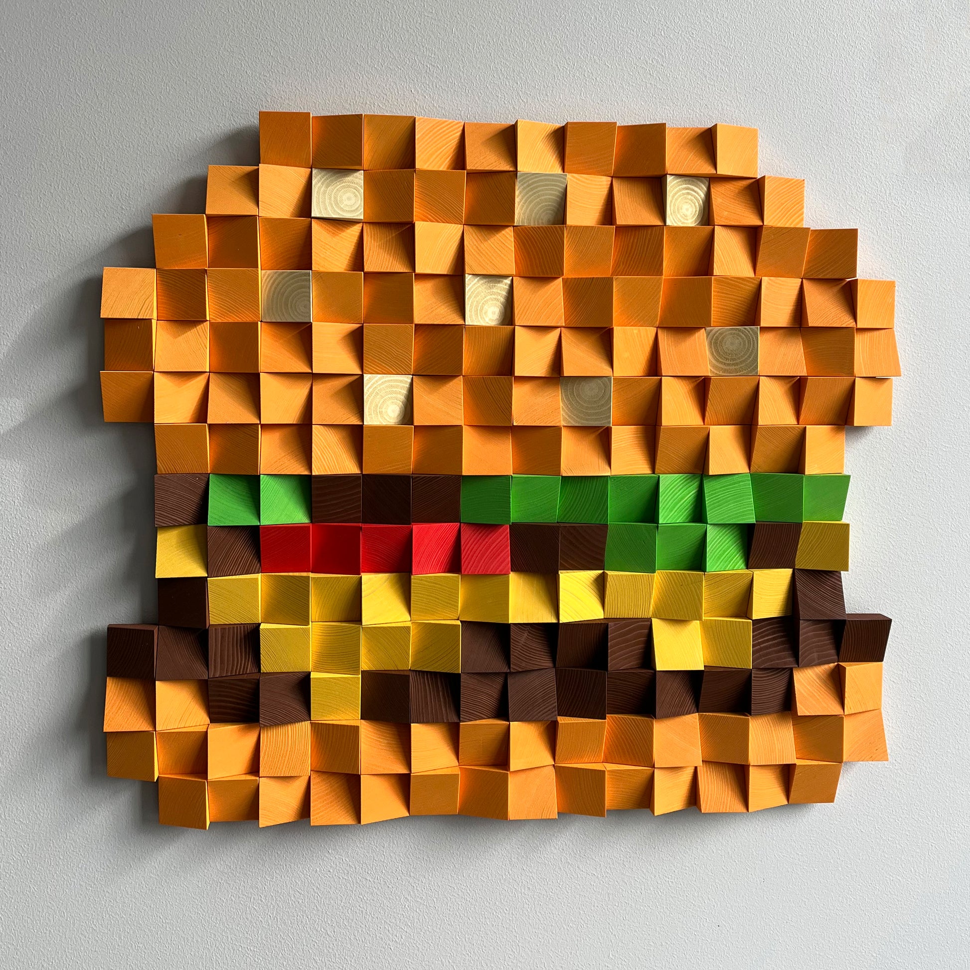 Decorative wooden cheeseburger artwork designed to add character to modern interiors
