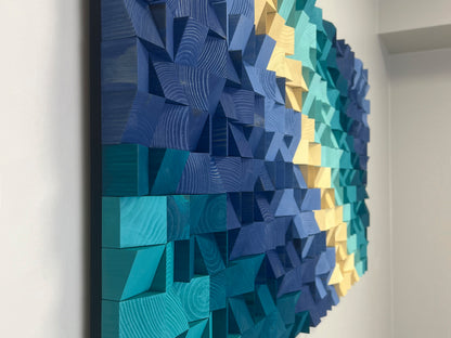 WoodenPix handmade wall decor showcasing blue gradient tones for acoustic enhancement.
