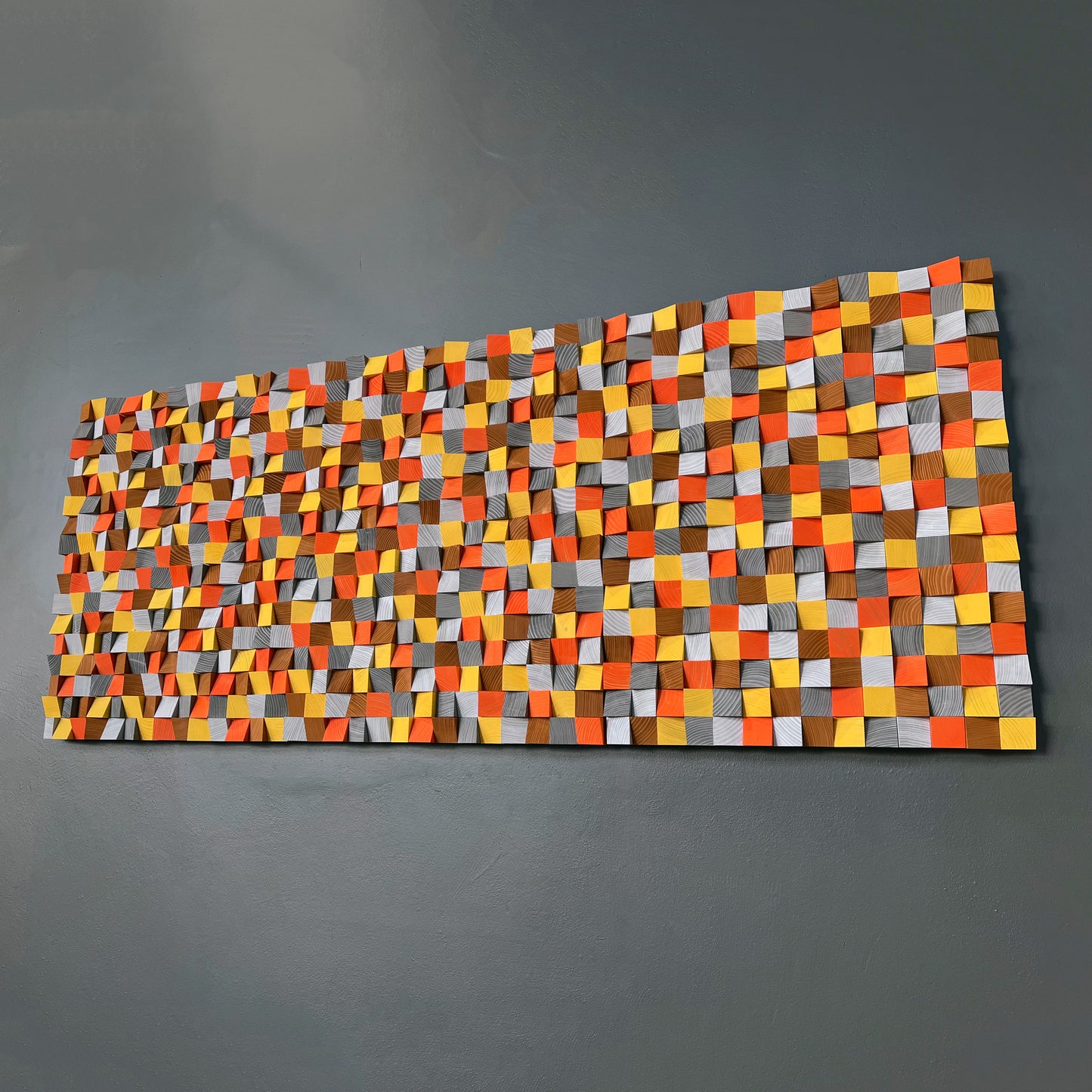 Colorful handcrafted wooden wall panel designed for artistic interior sound enhancement.