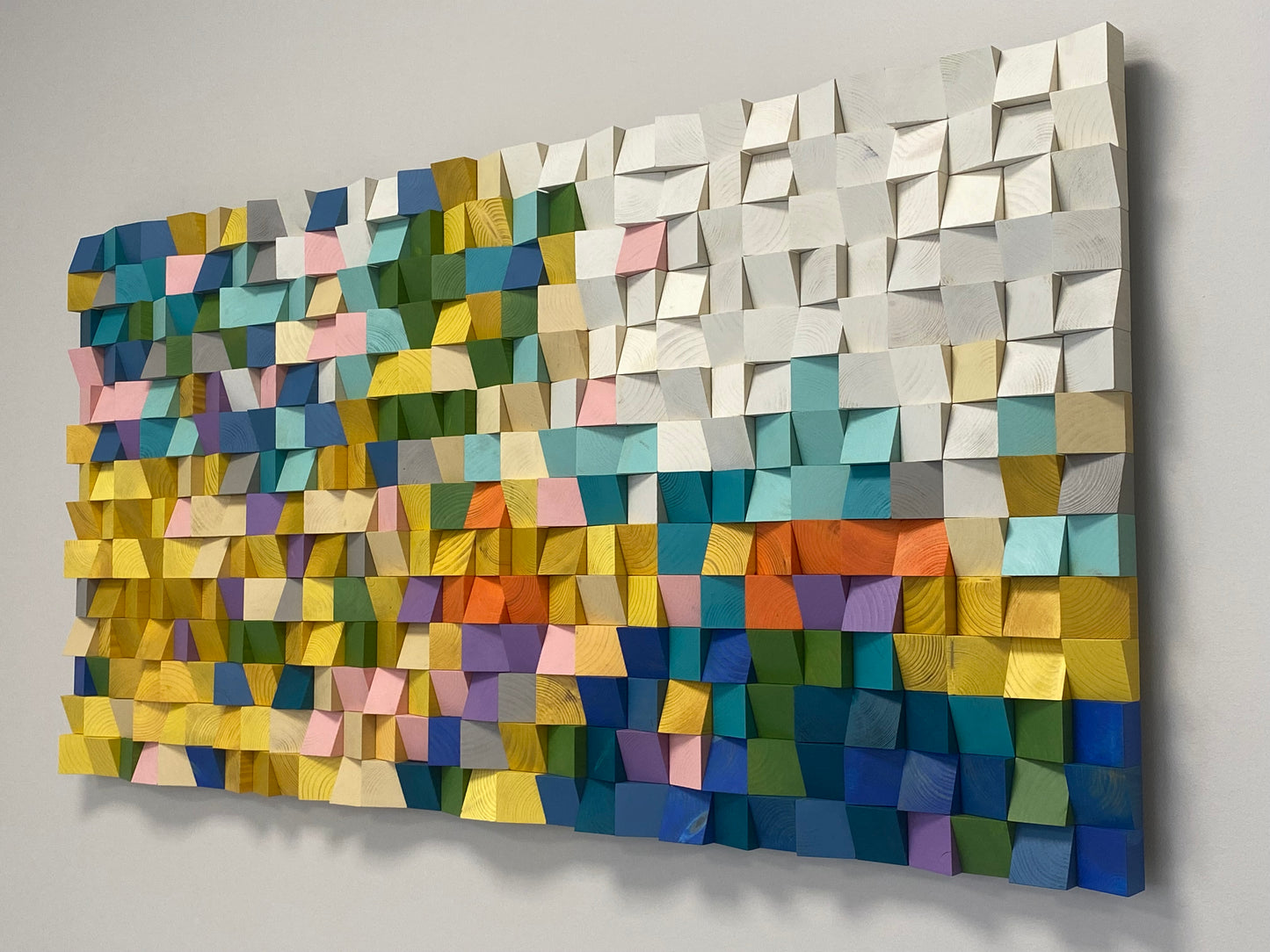 Colorful Mosaic wooden wall art with vivid multicolor 3D blocks.