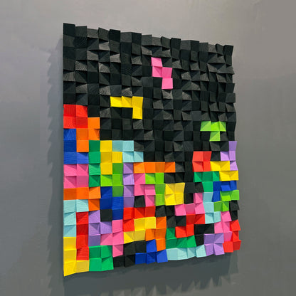 Handcrafted wooden acoustic art panel showing modern digital-inspired patterns.