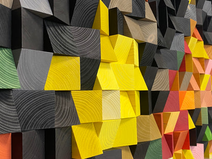 Decorative pixel-art wooden wall piece balancing acoustic functionality and artistic design.