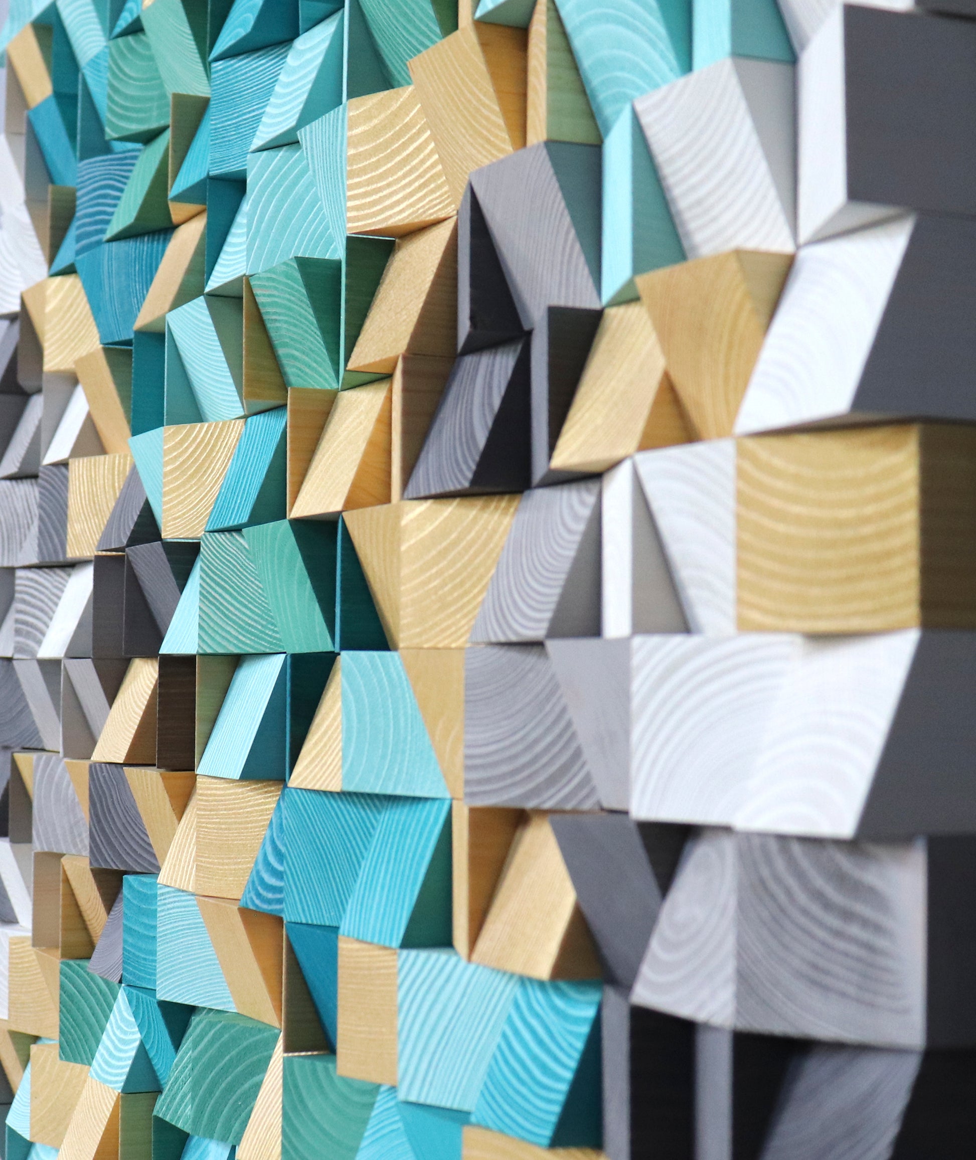 Eco-friendly 3D wooden wall art in soft turquoise, gold, and white tones for calm interiors.