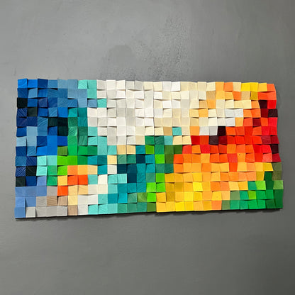 Future Vision wall art featuring handcrafted wooden blocks painted in rich, bright shades.