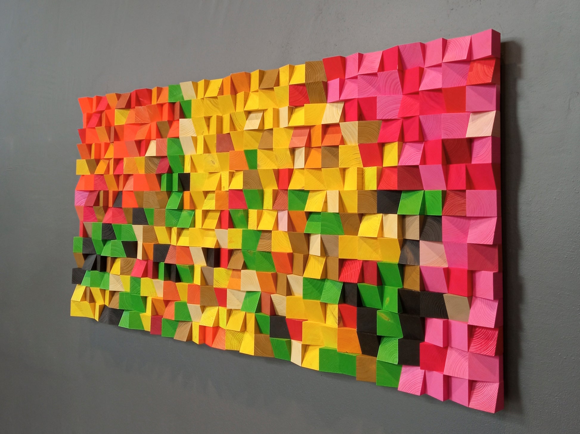 Electric Flowers 3D wooden wall art by WoodenPix featuring vibrant neon hues and handcrafted wooden texture.