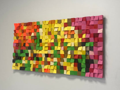 Handcrafted Electric Flowers wooden wall panel showcasing vivid design, depth, and sound harmony.