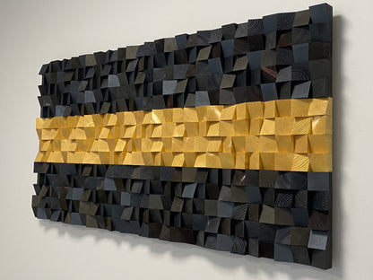 Golden Road acoustic wall decor with handcrafted wood blocks in gold and dark brown tones.