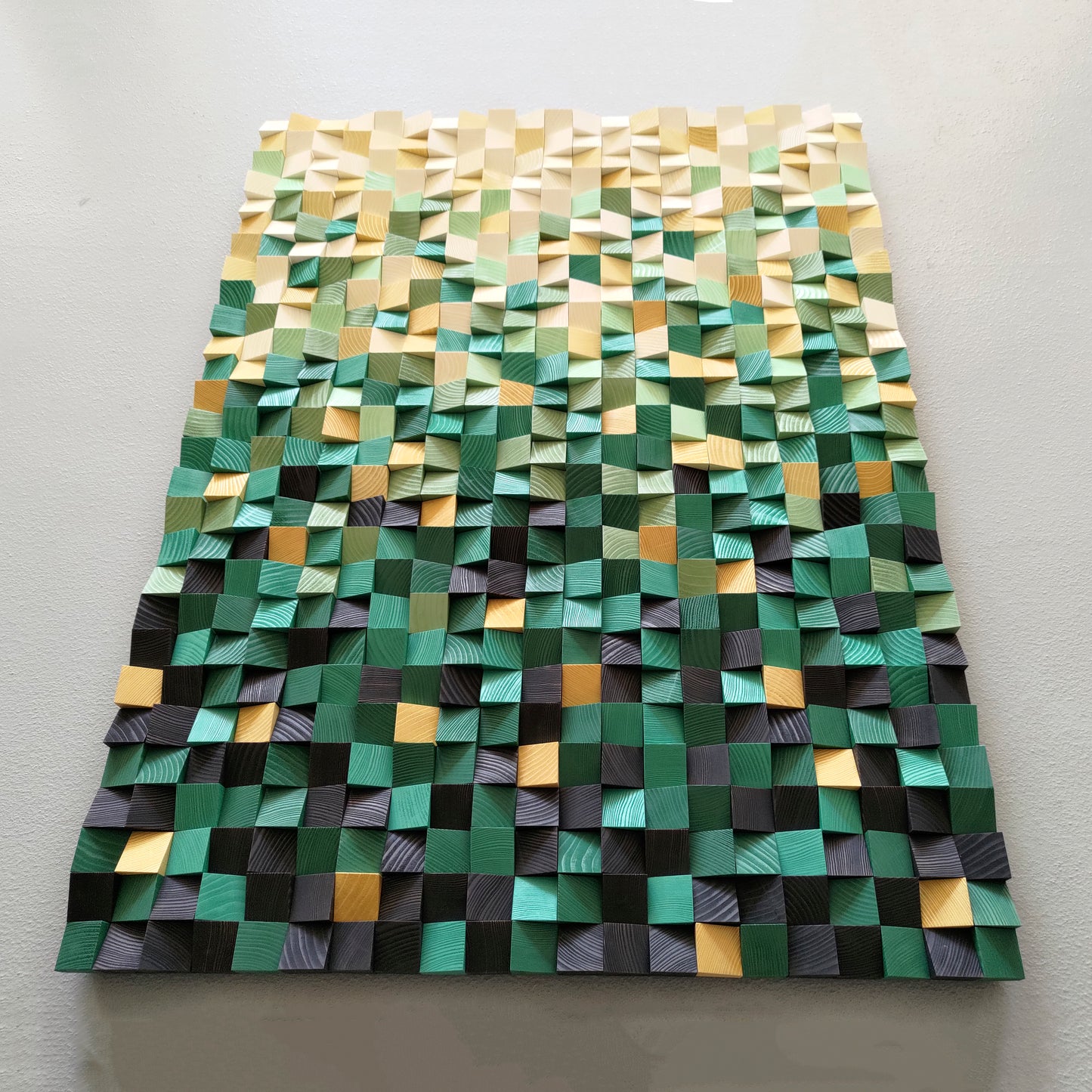 Emerald Flow 3D wooden wall art panel featuring a smooth gradient from cream to deep green tones.