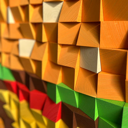 Artistic cheeseburger food art made from solid wood blocks arranged in a playful pattern