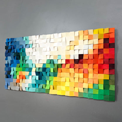 Future Vision 3D wooden wall art by WoodenPix featuring bold red, yellow, and blue tones.