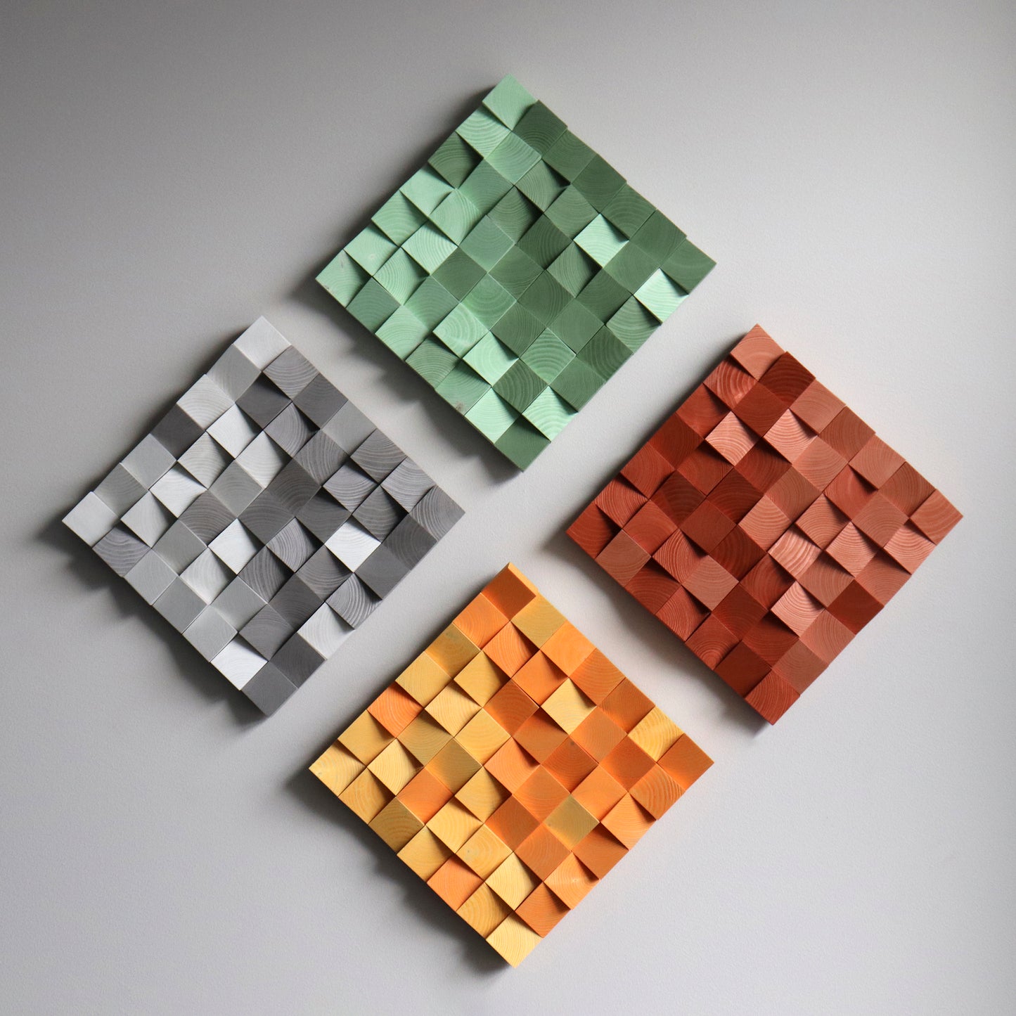 Gradient wood wall panel showcasing textured blocks and minimalist modern style.