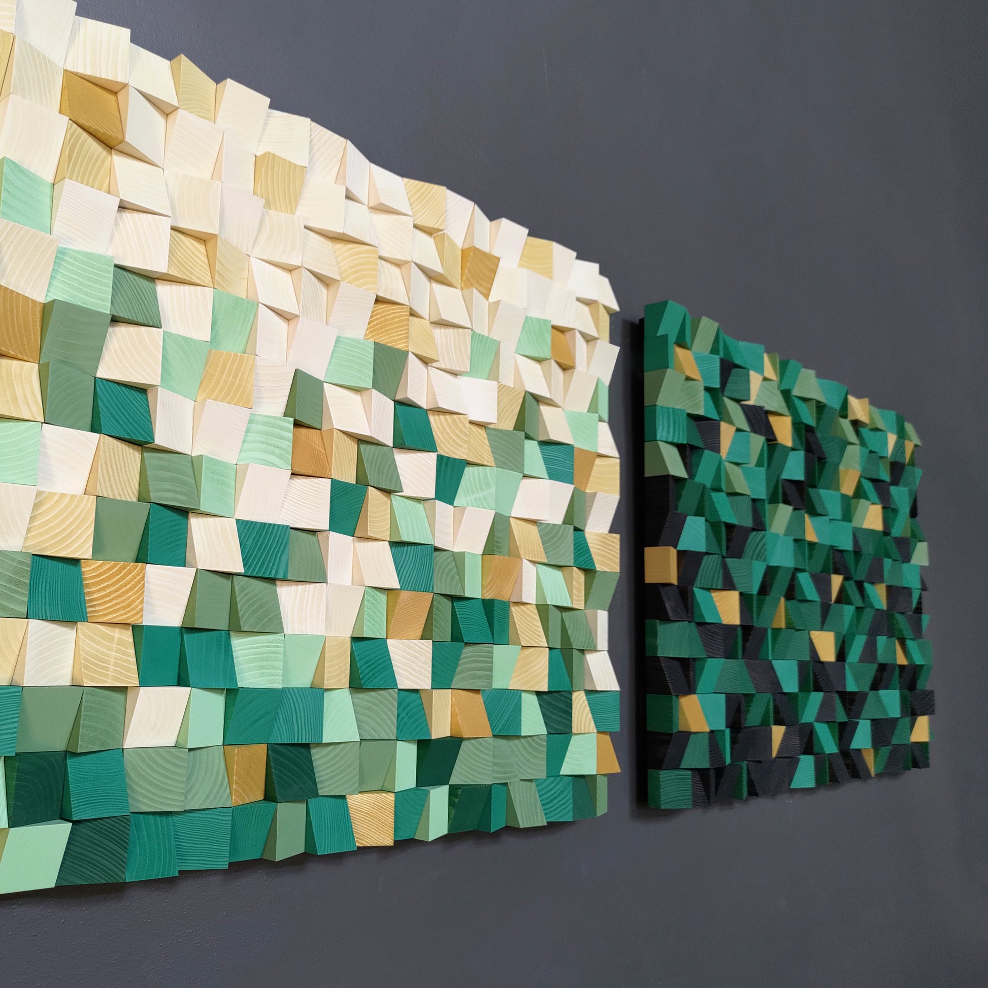 Gradient green wooden acoustic wall art transitioning from light neutrals to deep forest green.