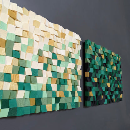 Gradient green wooden acoustic wall art transitioning from light neutrals to deep forest green.