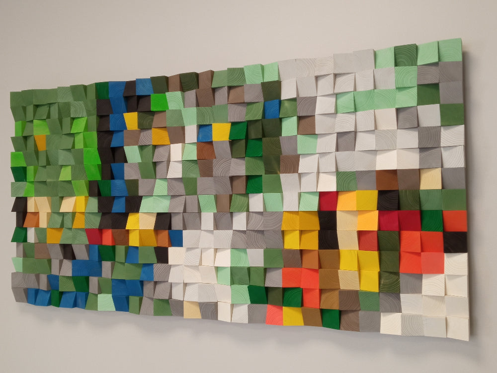 Vibrant wooden acoustic panel transitioning across meadow tones for modern interior design.