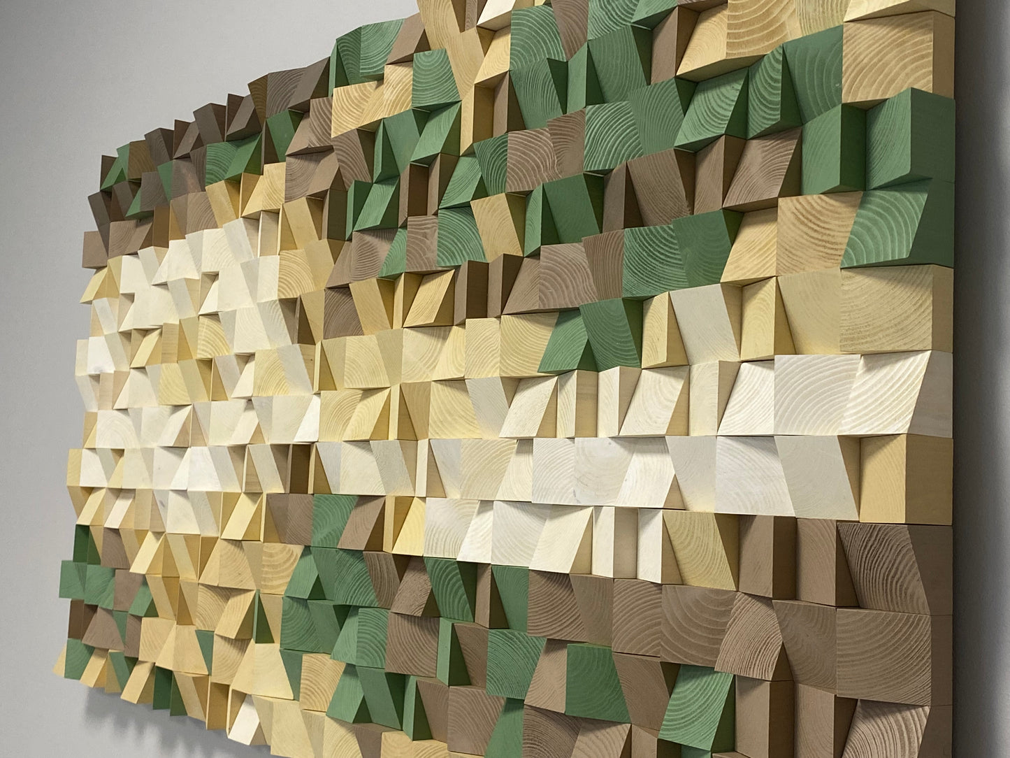 Gradient neutral wooden acoustic art transitioning from light cream to warm beige hues.