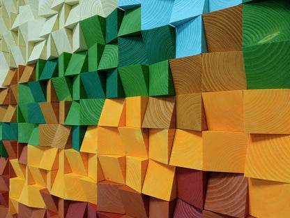Modern wooden wall panel blending orange, red, and green in a 3D gradient design.